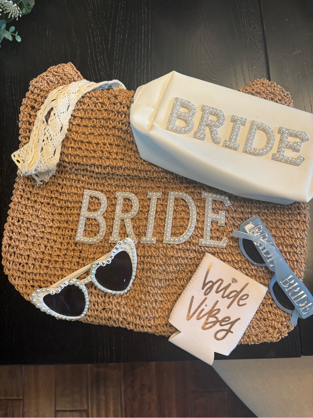 Bride Straw Tote and Accessories Set - Brown and Cream beach bag